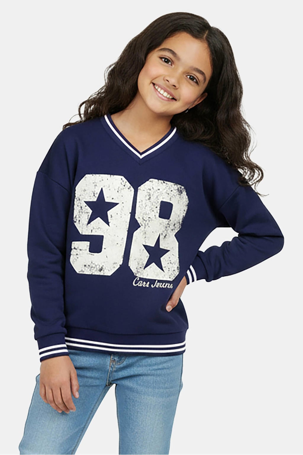 Marineblauw, marine en witte meisjes Cars sweater blauw met printopdruk, lange mouwen en V-hals