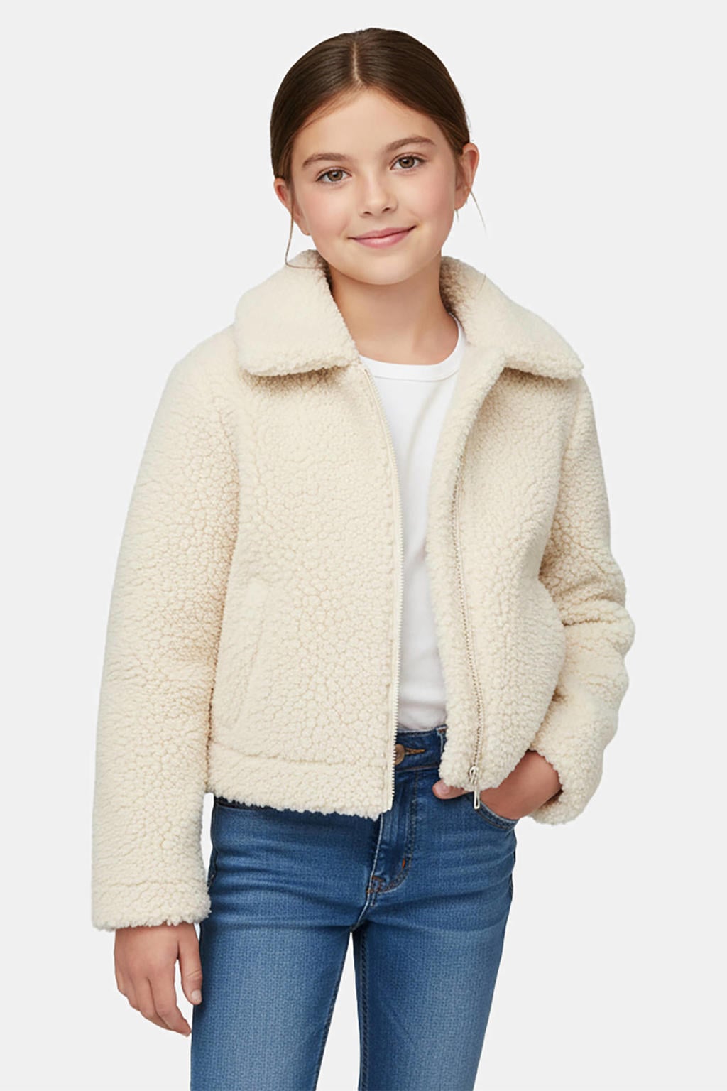 Beige meisjes Cars teddy winterjas van polyester met effen, lange mouwen, opstaande kraag en ritssluiting