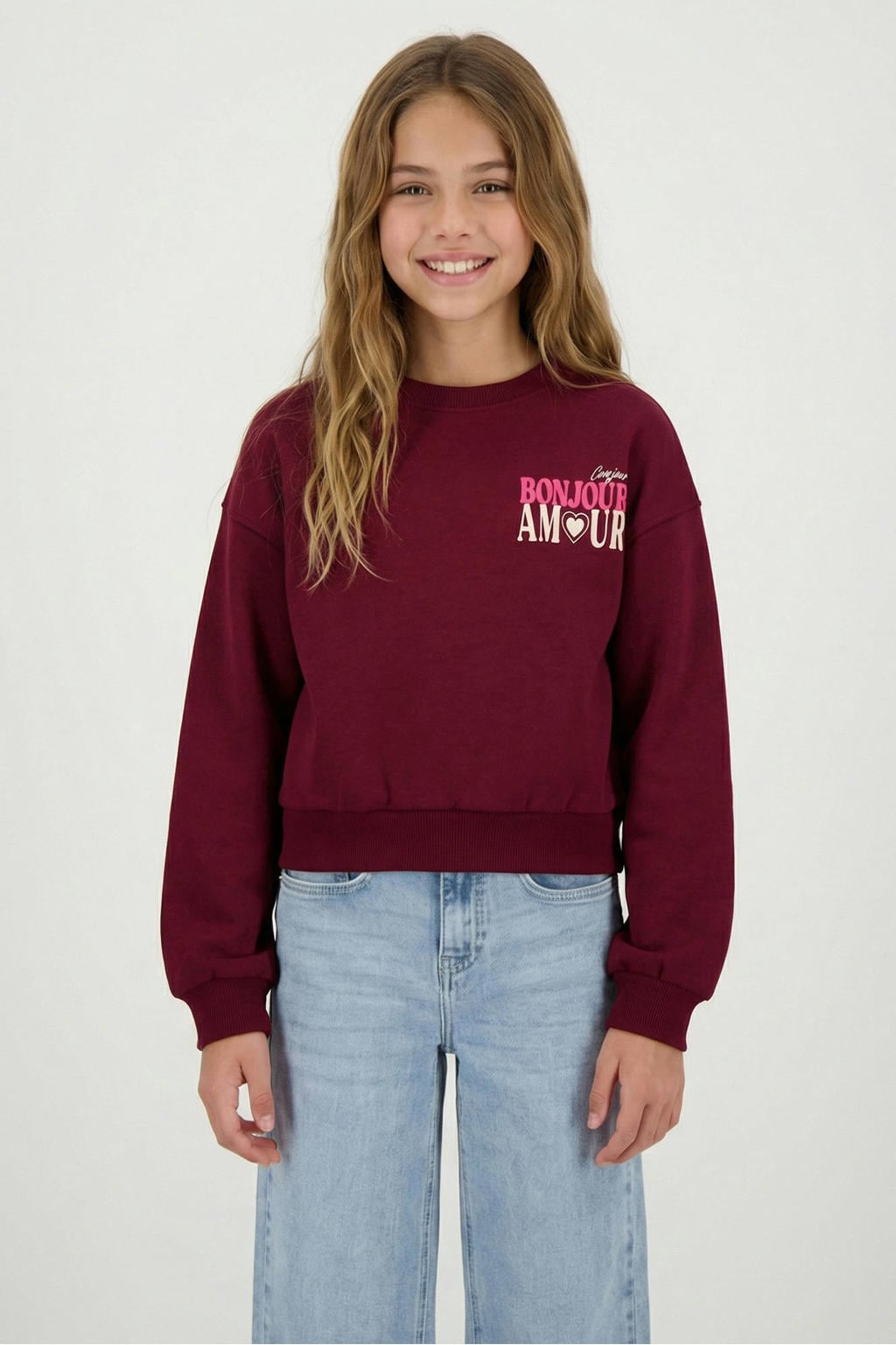 Donkerrood en roze meisjes Cars sweater met backprint, lange mouwen, ronde hals en geribde boorden