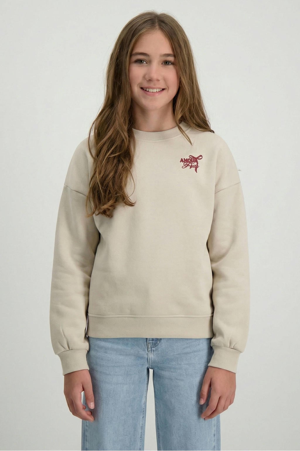 Zand en donkerrode meisjes Cars sweater met backprint, lange mouwen en ronde hals