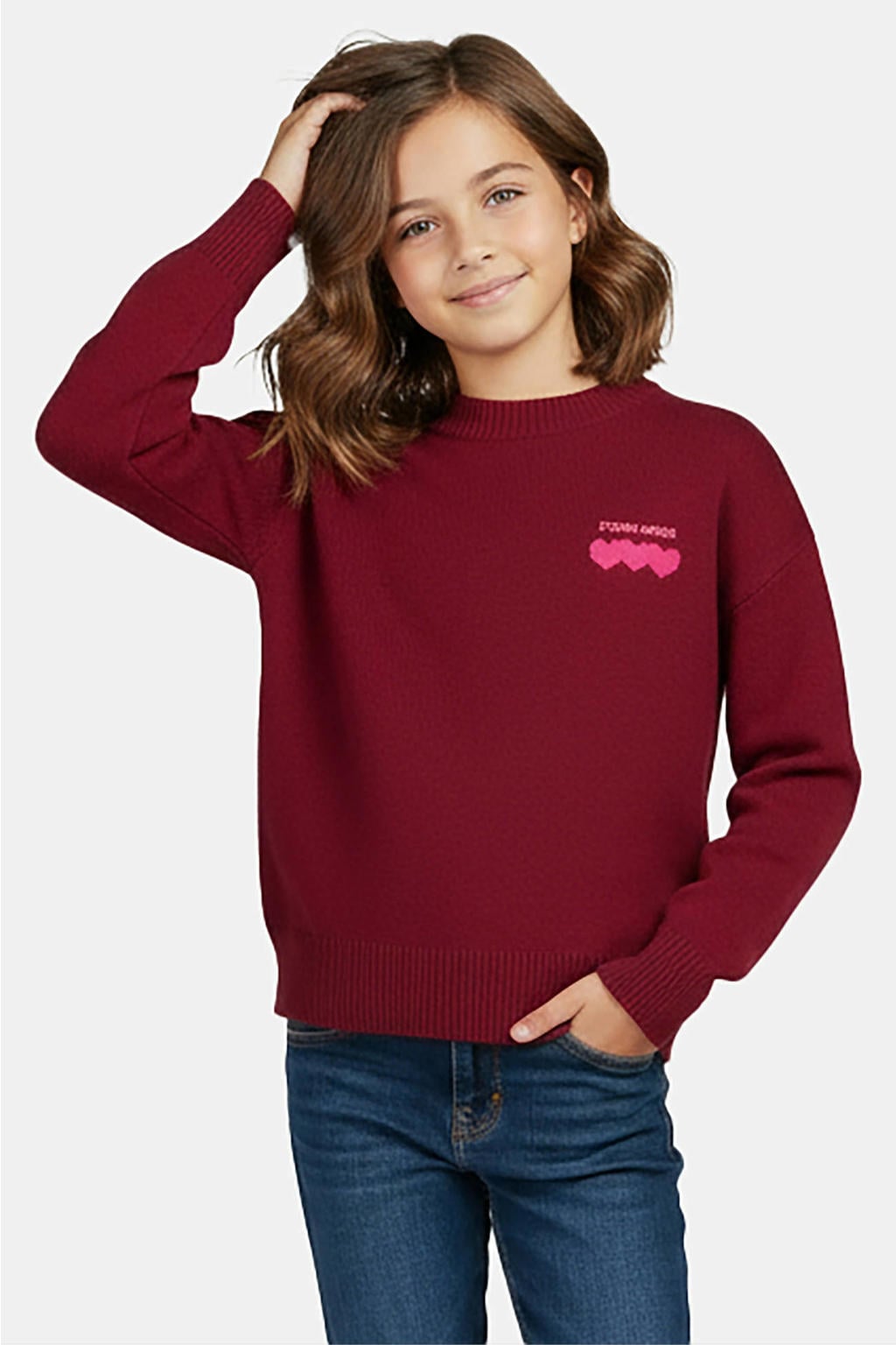 Donkerrood en roze meisjes Cars gebreide trui van polyester met backprint, lange mouwen en ronde hals