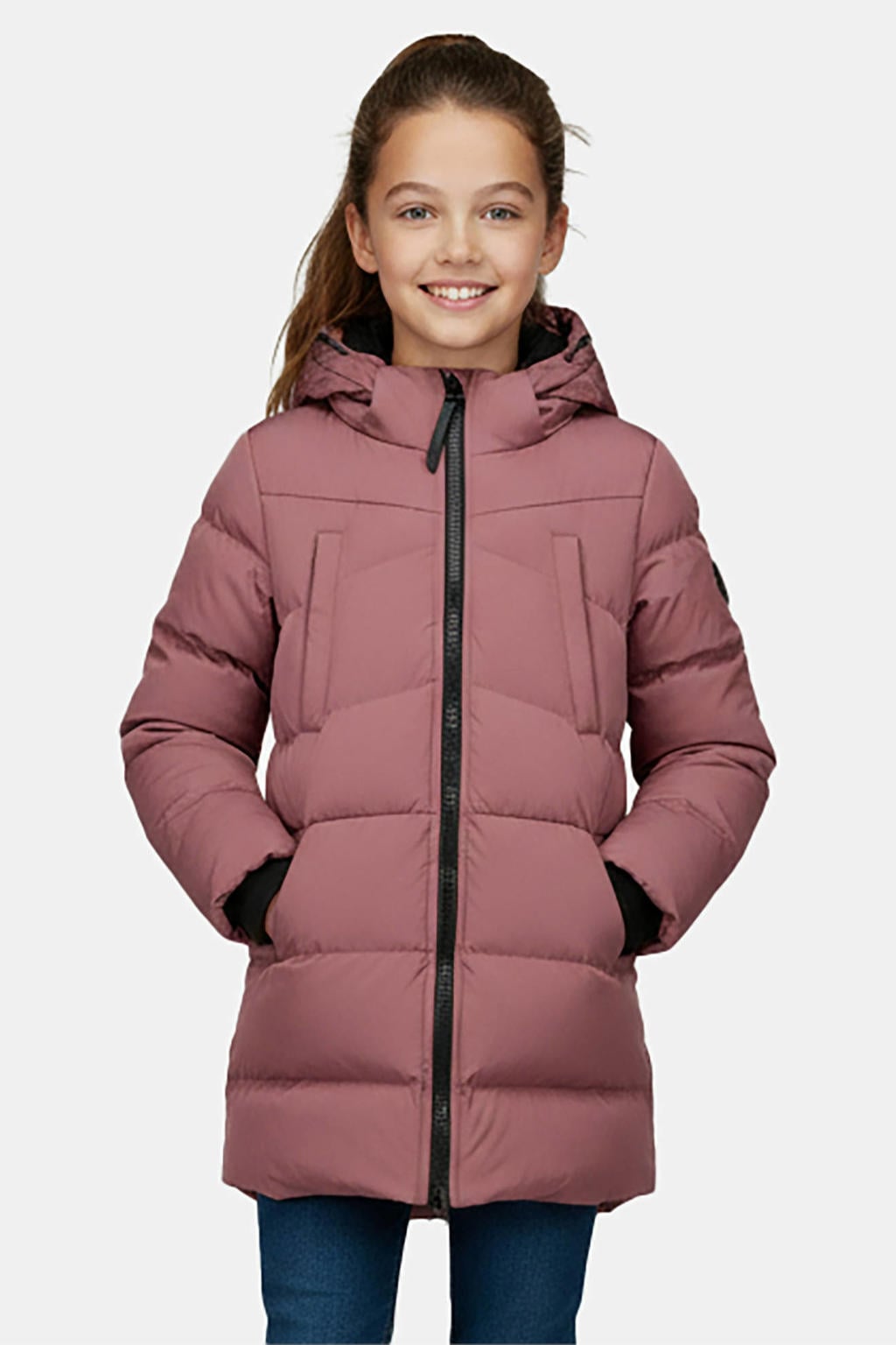 Oudroze meisjes Cars gewatteerde winterjas van nylon met effen, lange mouwen, capuchon en ritssluiting