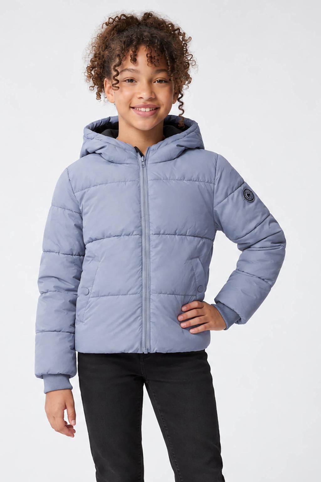 Grijsblauwe meisjes Cars pufferjas blauw van polyester met effen, lange mouwen, capuchon en ritssluiting