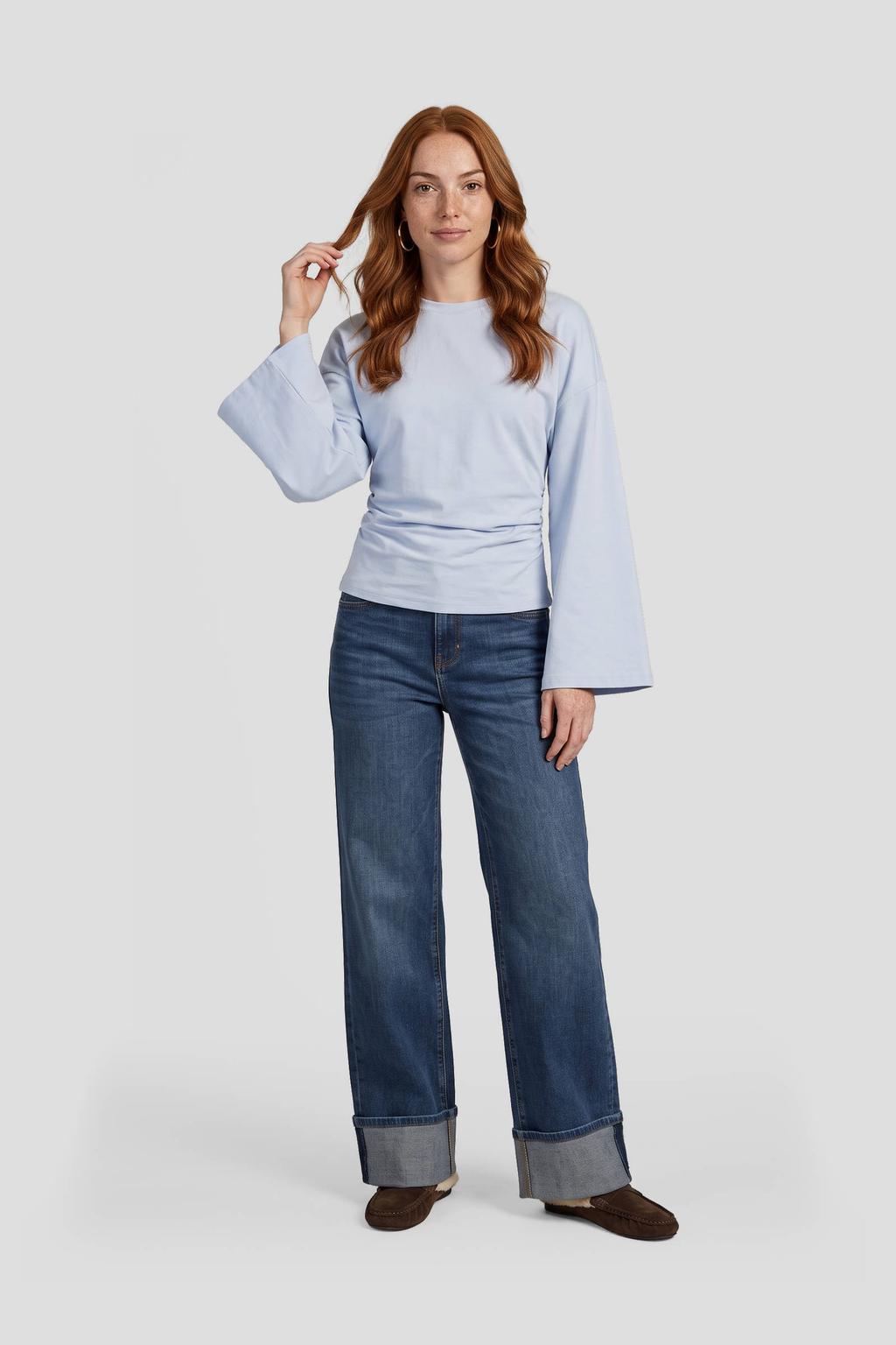 Lichtblauwe dames Anytime top detail van polyester met effen, lange mouwen en plooien