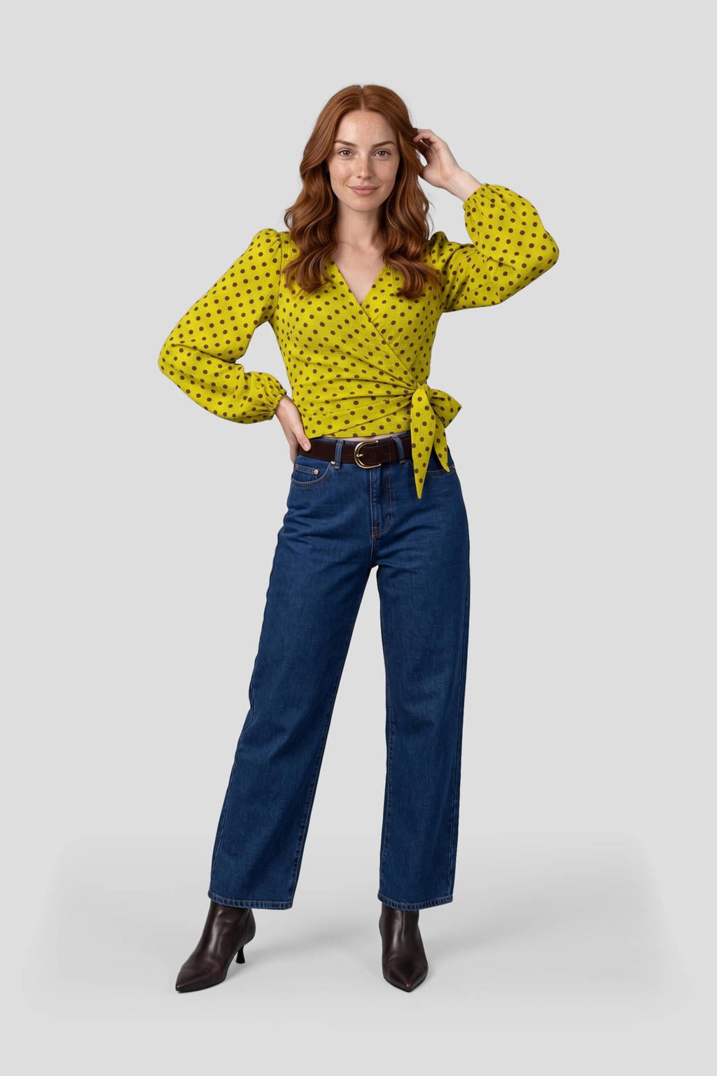 Groen en bruine dames Anytime crinkle overslag top print van viscose met effen en lange mouwen