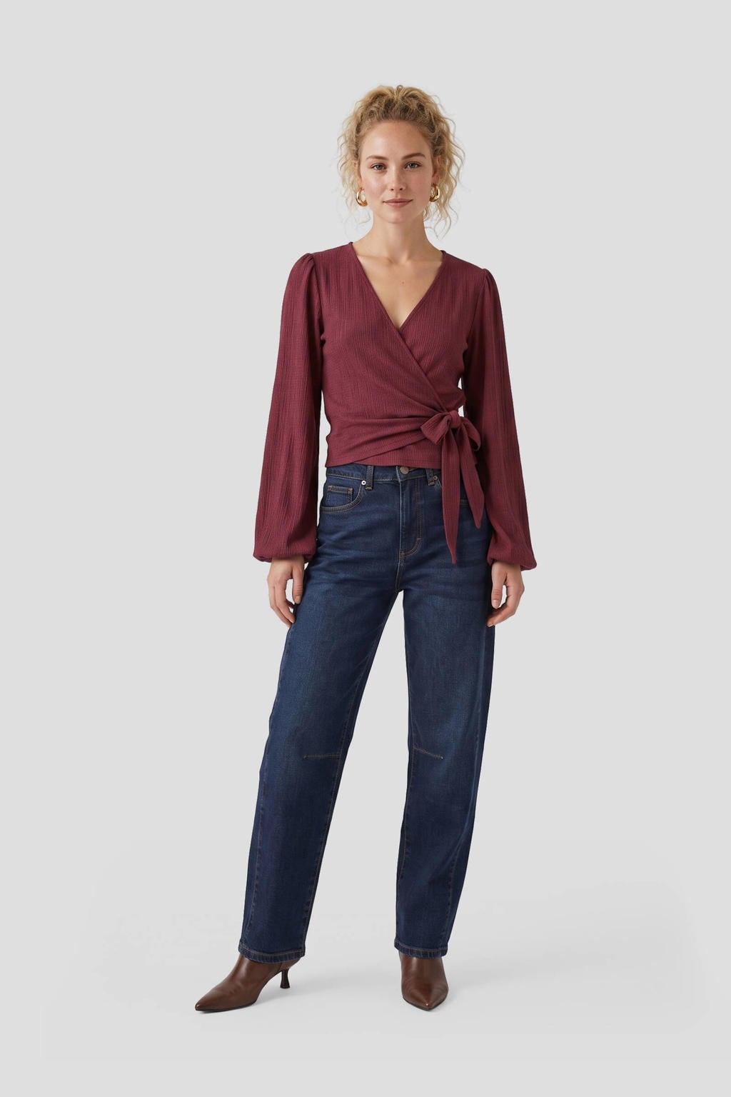 Donkerrode dames Anytime crinkle overslag top van viscose met effen en lange mouwen