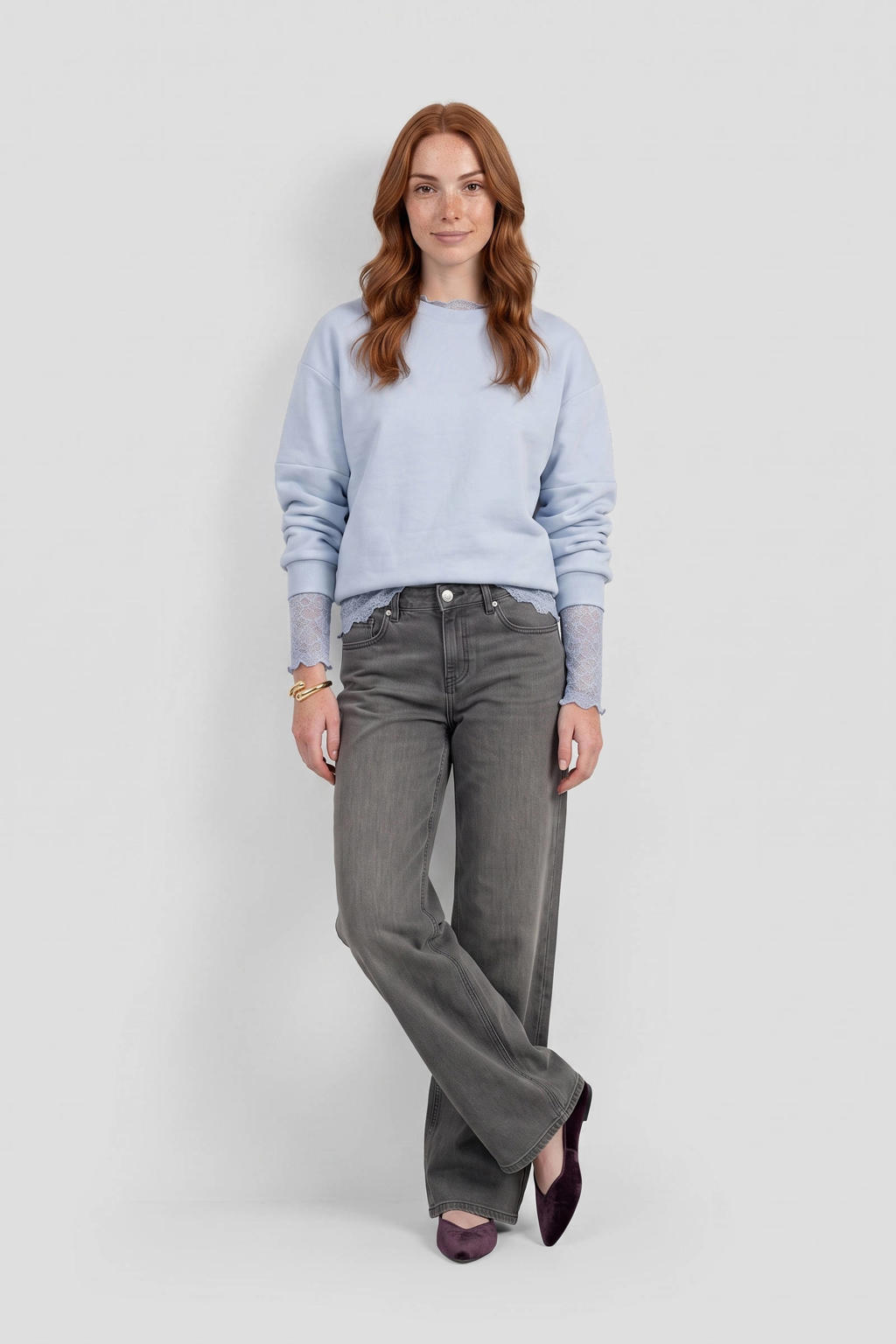 Lichtblauwe dames Anytime sweater van viscose met effen, lange mouwen en ronde hals