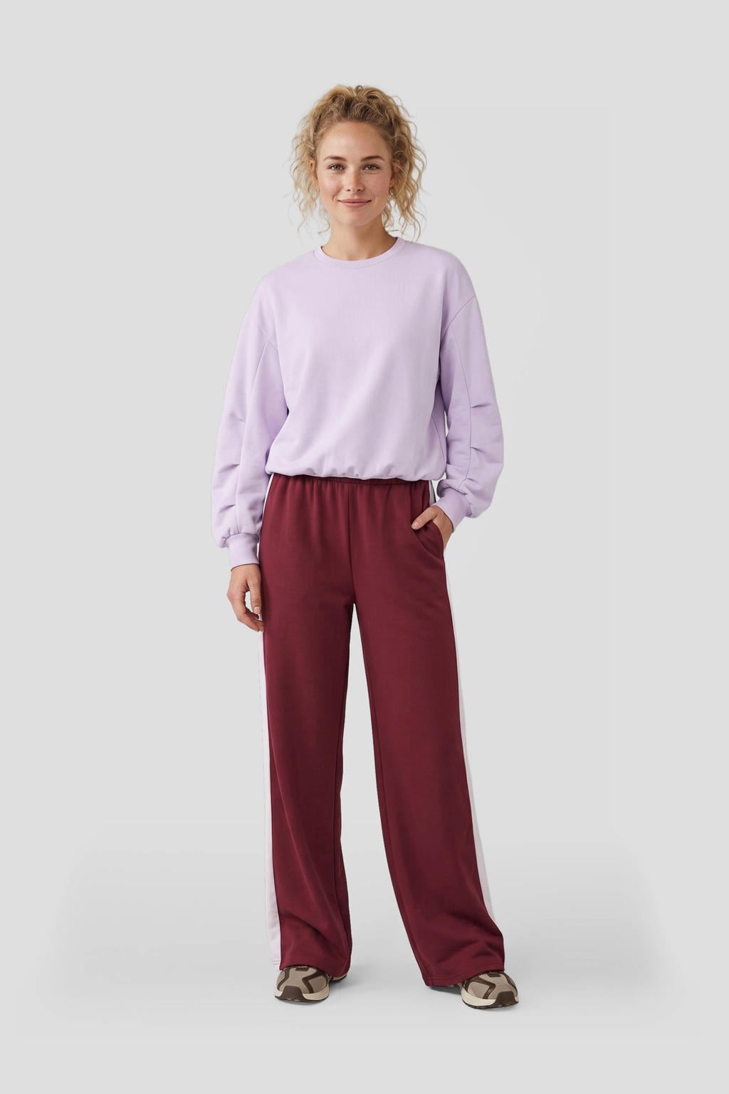 Bordeaux en lilakleurige dames Anytime wide leg broek van viscose met high waist en effen
