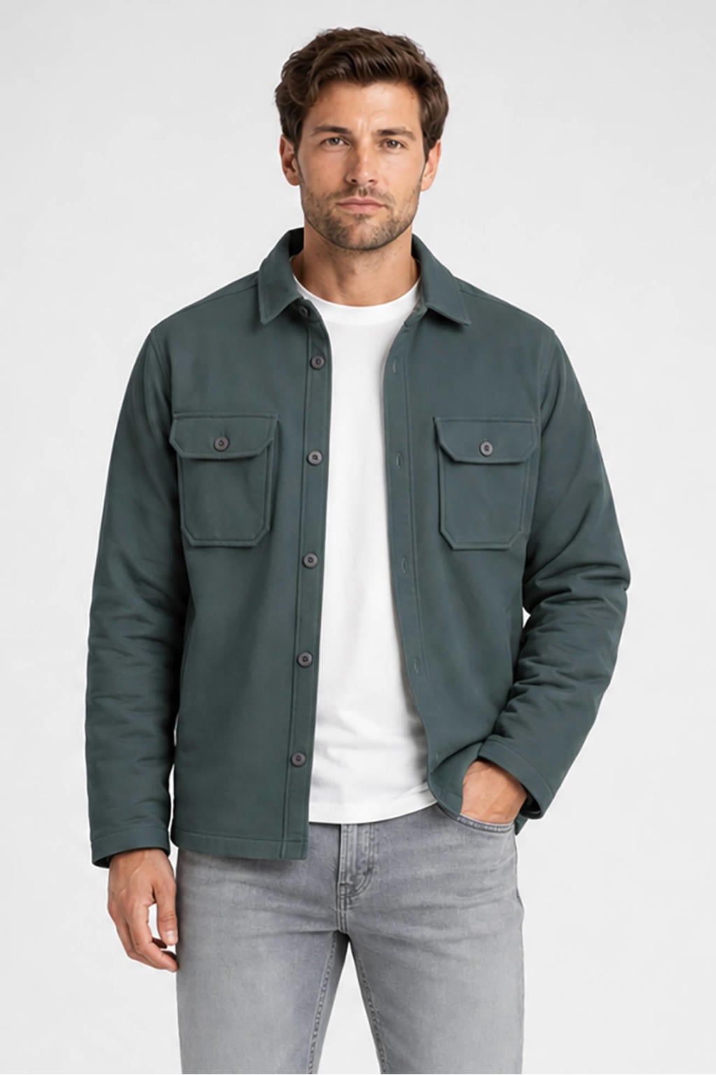 Groene heren Cars regular fit overshirt van polyester met effen, lange mouwen en klassieke kraag