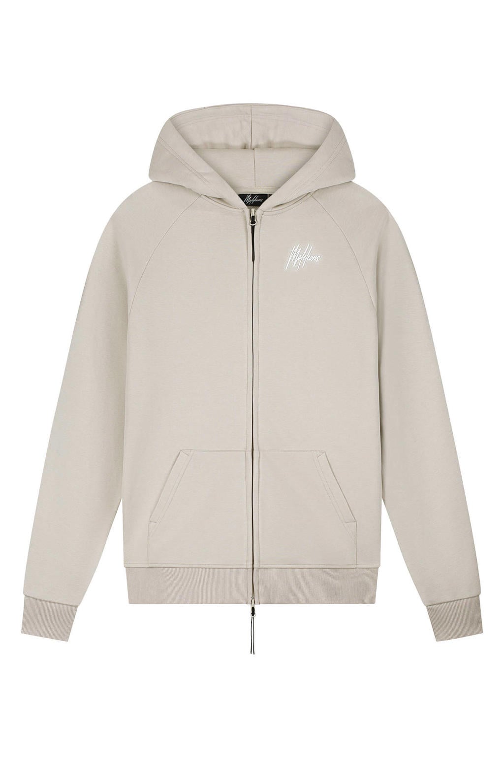 Beige heren Malelions sweatvest met effen, lange mouwen, capuchon en ritssluiting