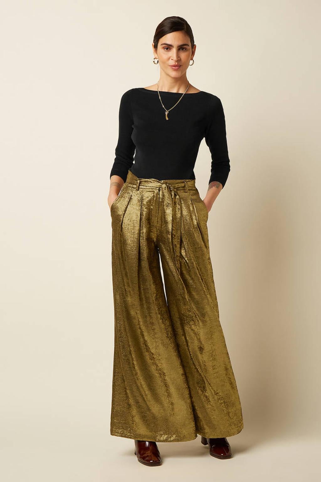 Gouden dames King Louie wide leg cropped culotte broek met high waist en effen