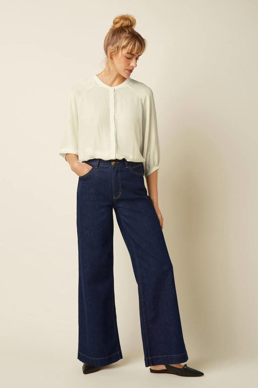 Donkerblauwe dames King Louie high waist flared jeans van katoen met effen