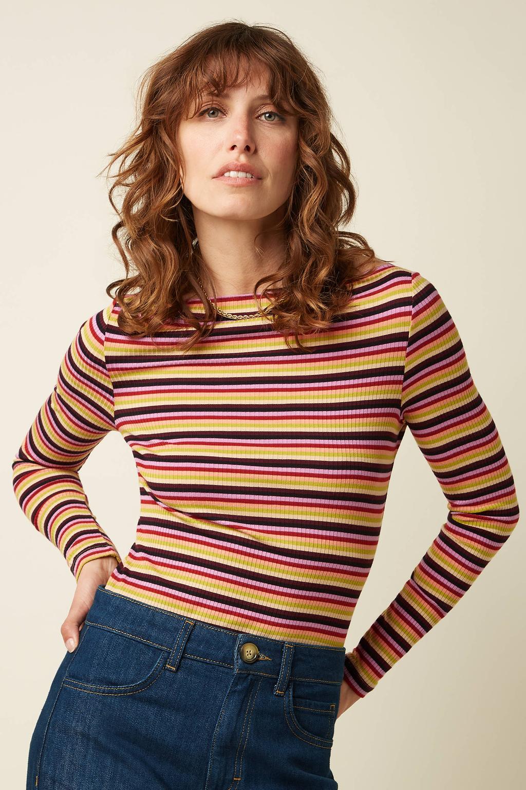 Multikleurige dames King Louie gestreepte top meerkleurig van viscose met lange mouwen en boothals