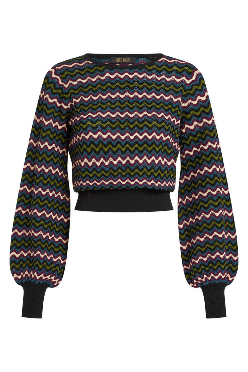 Multikleurige dames King Louie katoenen gestreepte gehaakte pullover meerkleurig met lange mouwen en ronde hals