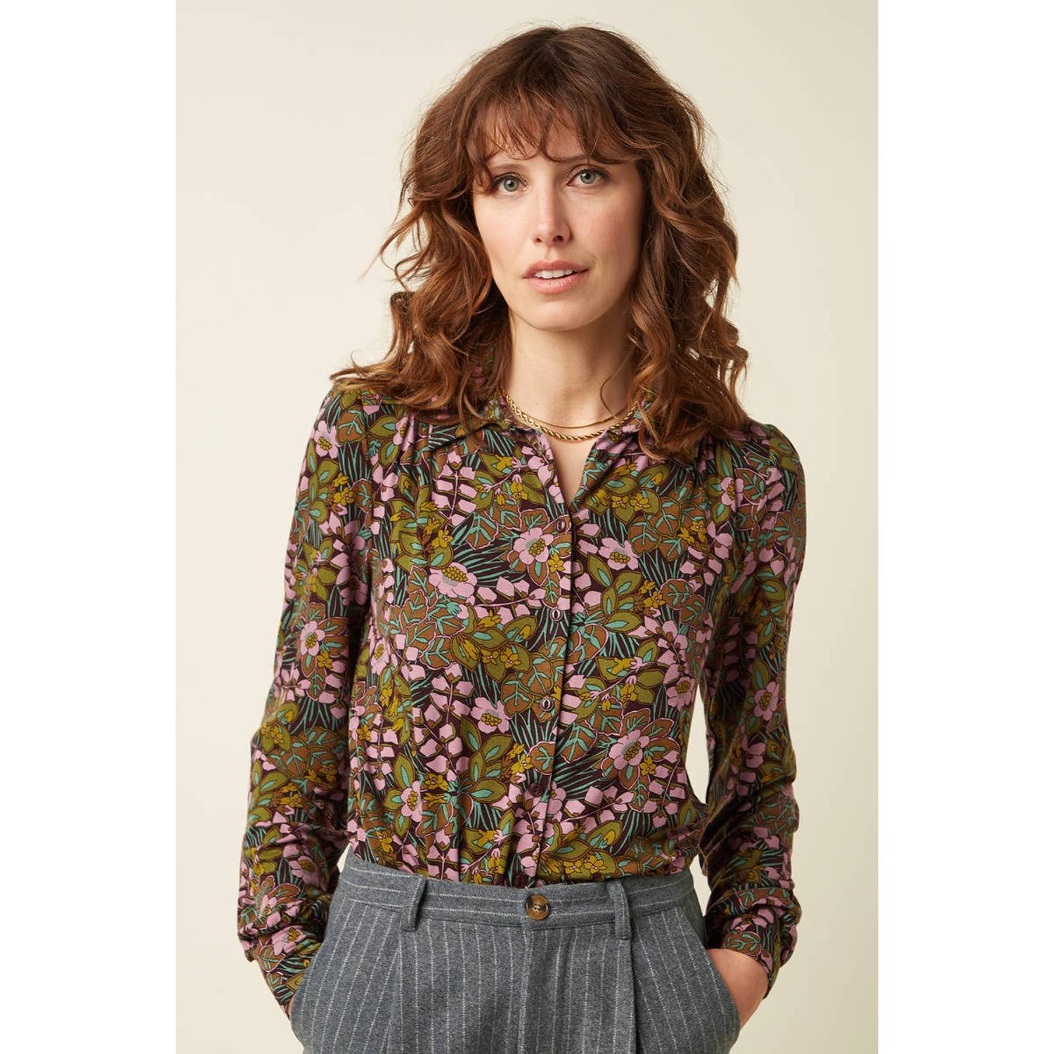 King Louie gebloemde blouse donkerbruin groen roze