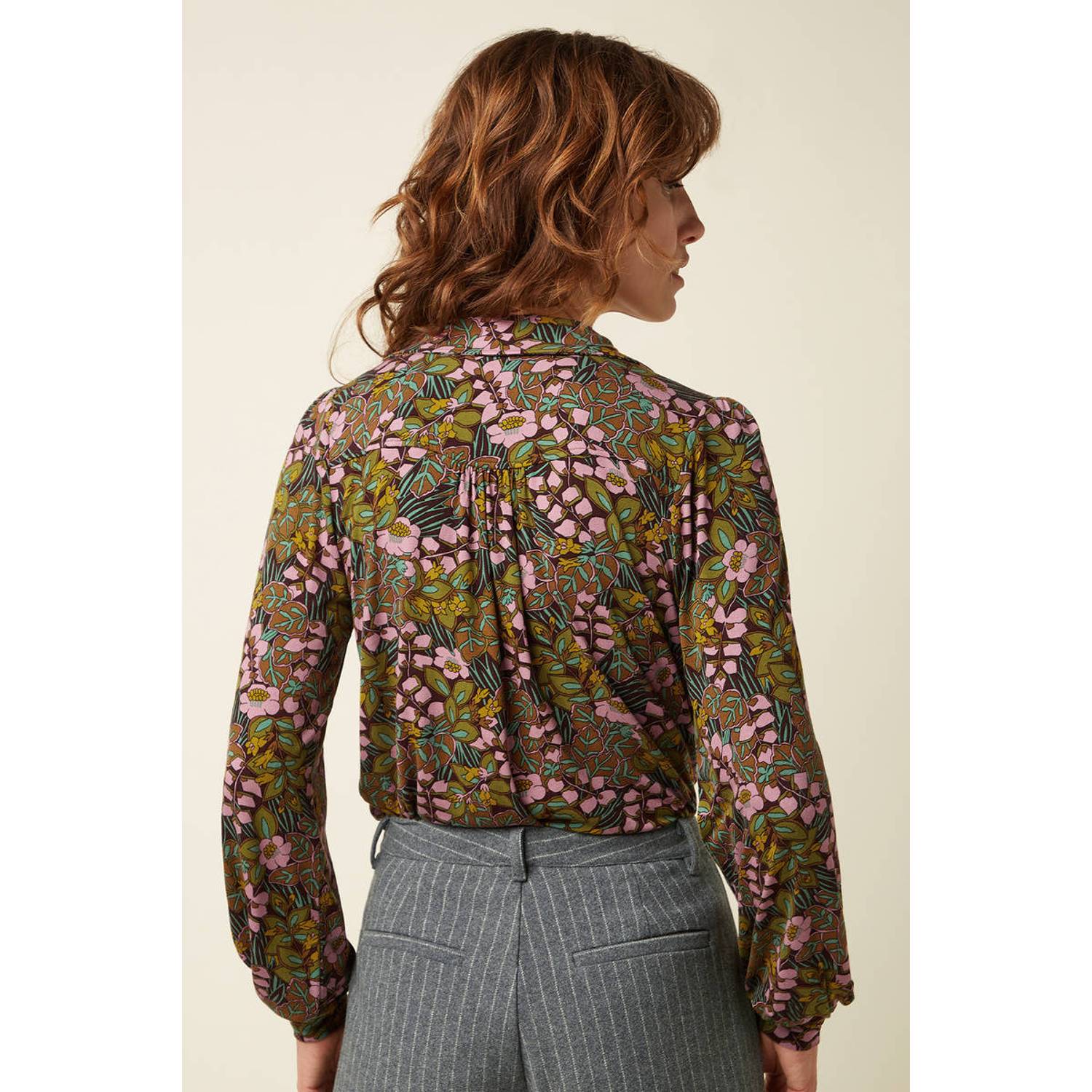 King Louie gebloemde blouse donkerbruin groen roze