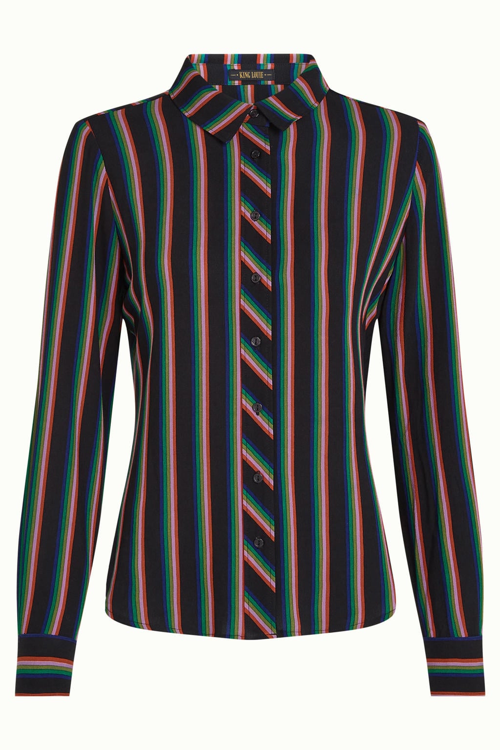 Zwarte dames King Louie gestreepte blouse van viscose met lange mouwen en klassieke kraag