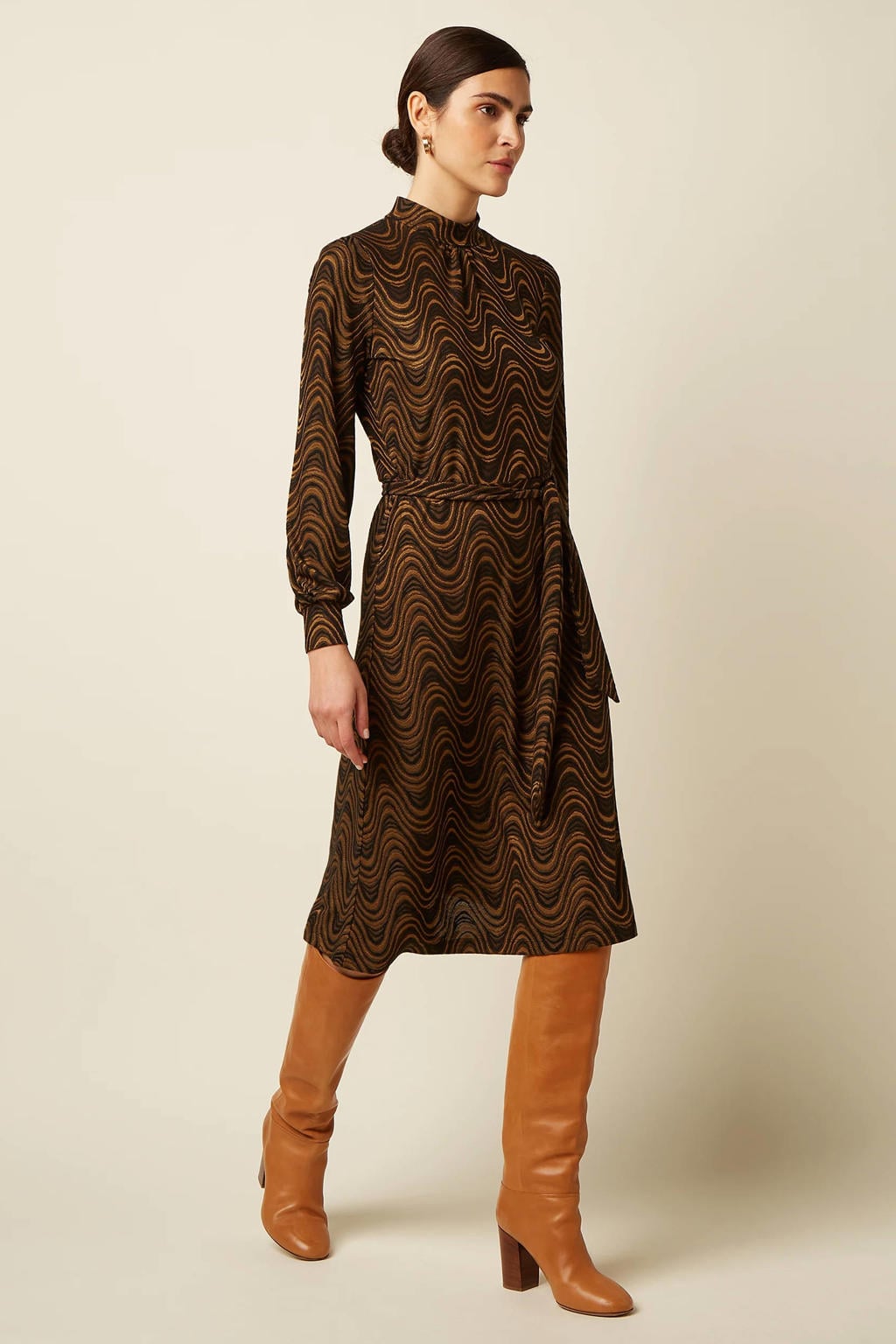 King Louie vintage midi A-lijn jurk met col - bruin
