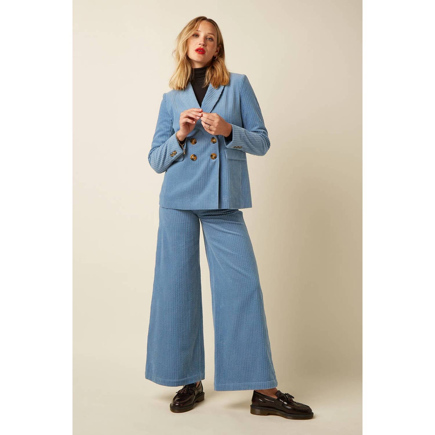 King Louie corduroy wide leg cropped culotte broek lichtblauw