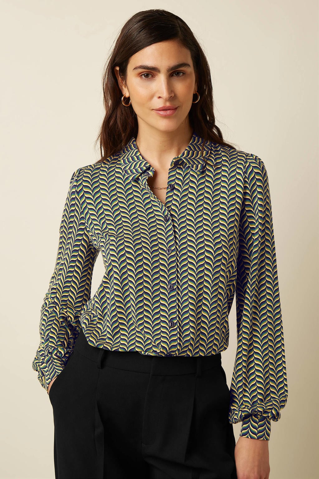 Donkerblauwe dames King Louie blouse van lyocell met lange mouwen en klassieke kraag