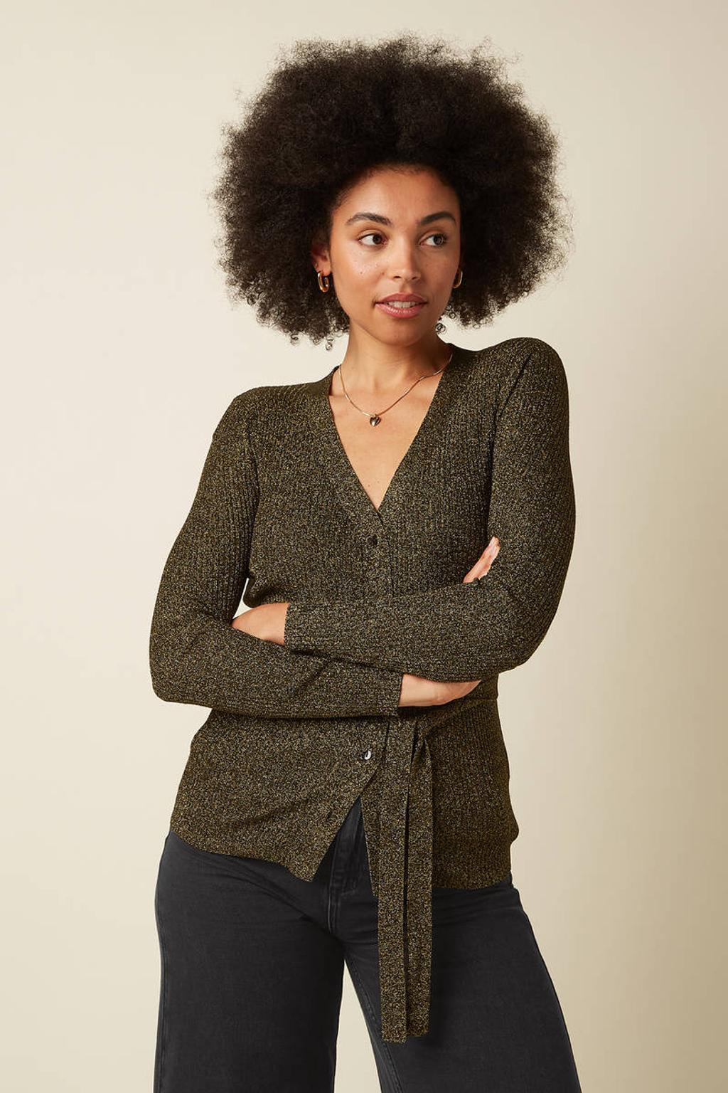 Gouden dames King Louie gebreid vest van viscose met effen, lange mouwen, V-hals en ceintuur