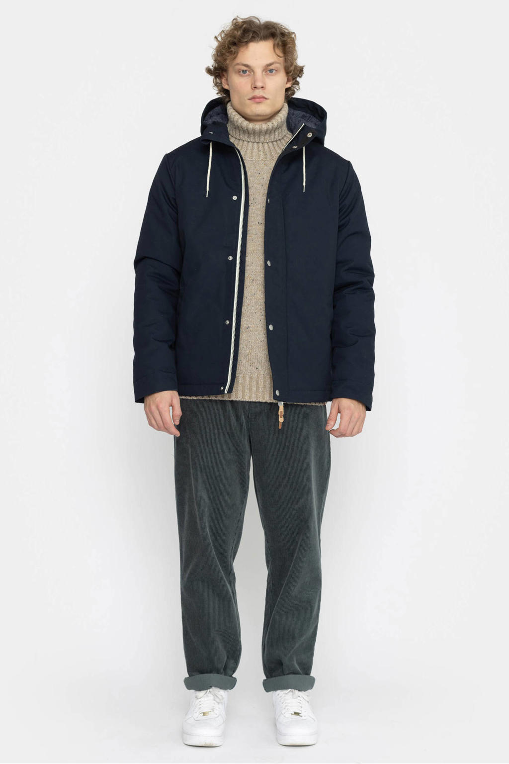 Donkerblauwe heren REVOLUTION parka jas van polyester met effen, lange mouwen, capuchon, rits- en knoopsluiting en tunnelkoord