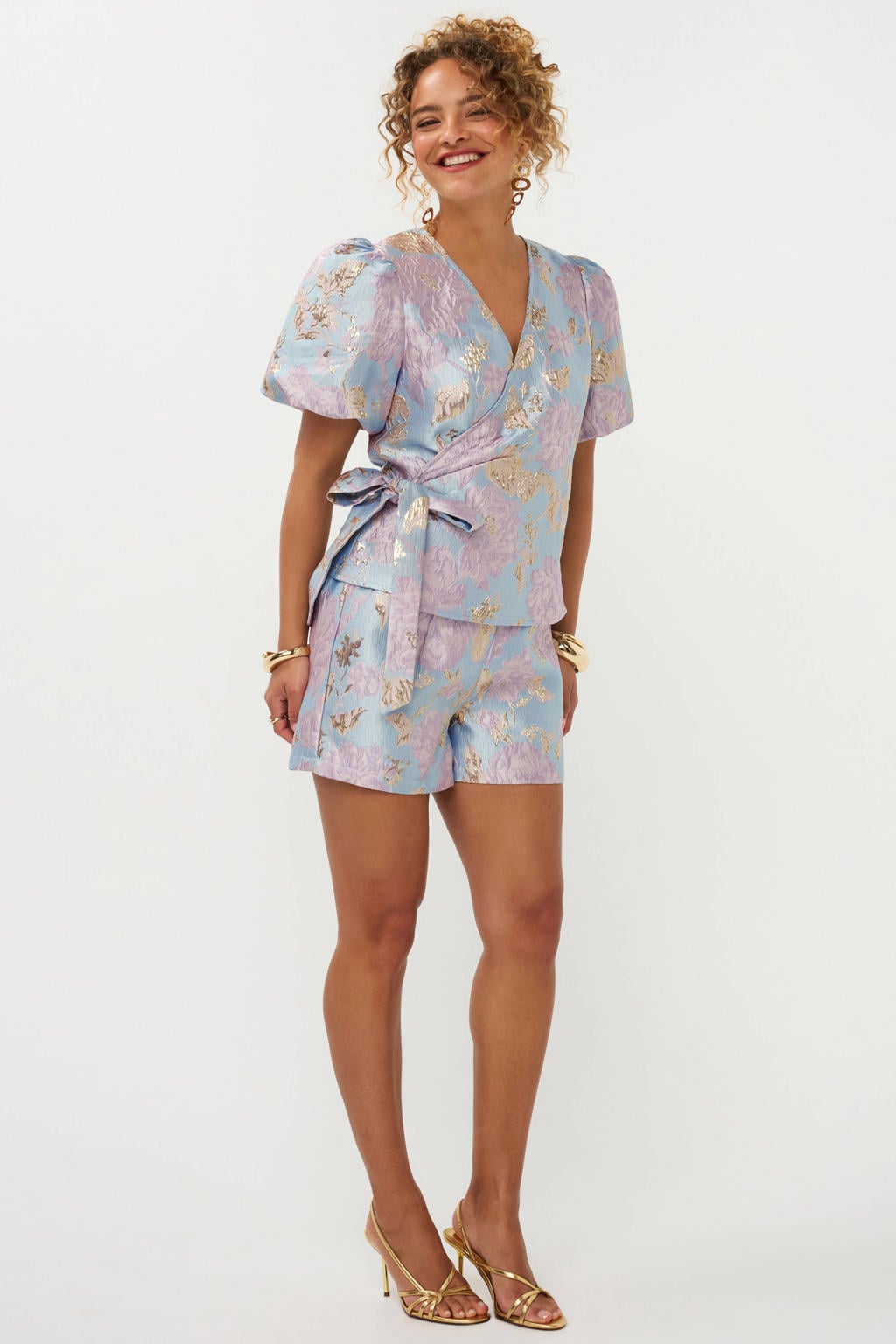 Lichtblauw, lila en gouden dames Ydence regular fit gebloemde korte broek van polyester