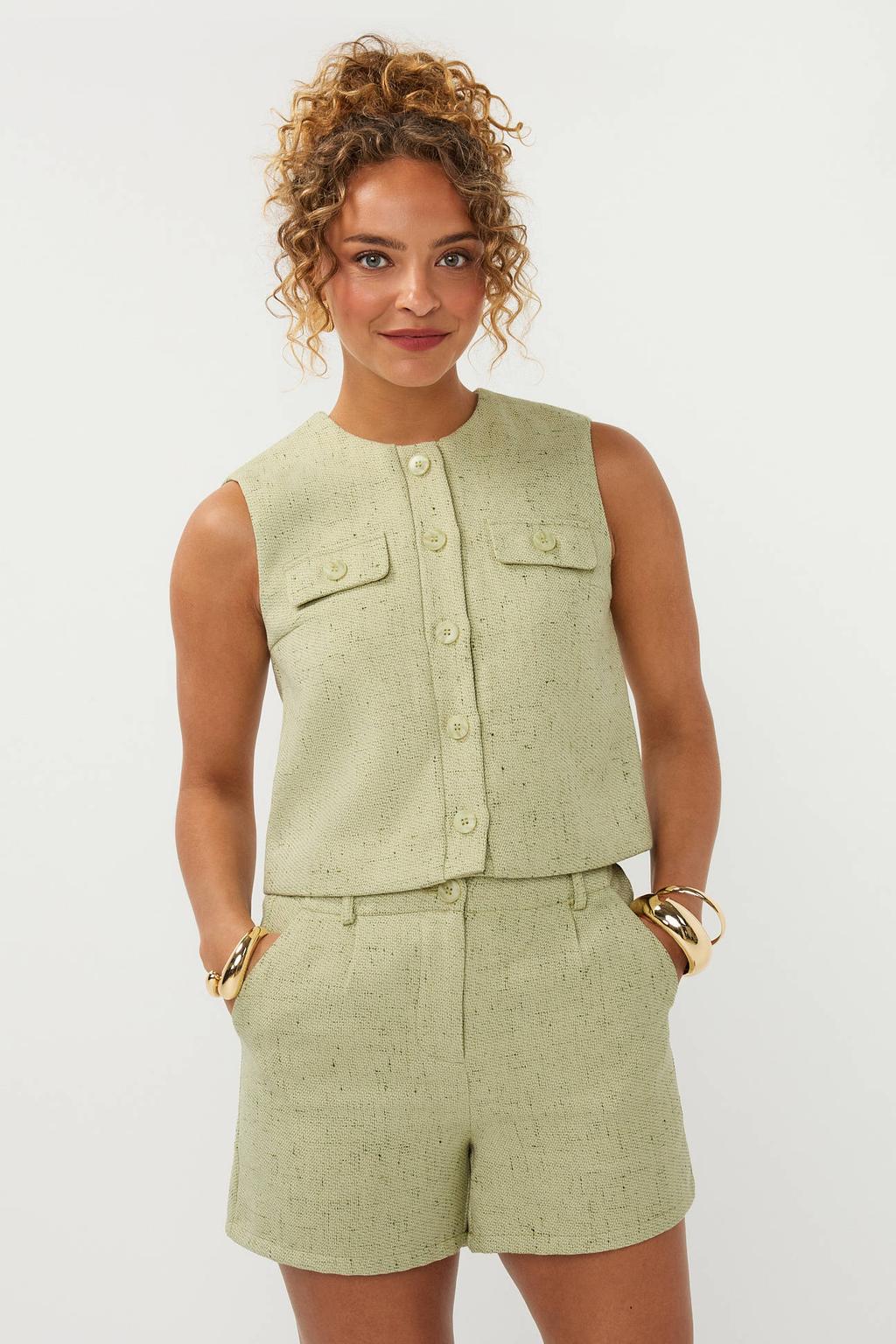 Lichtgroene dames Ydence gilet van polyester met effen, ronde hals en knoopsluiting
