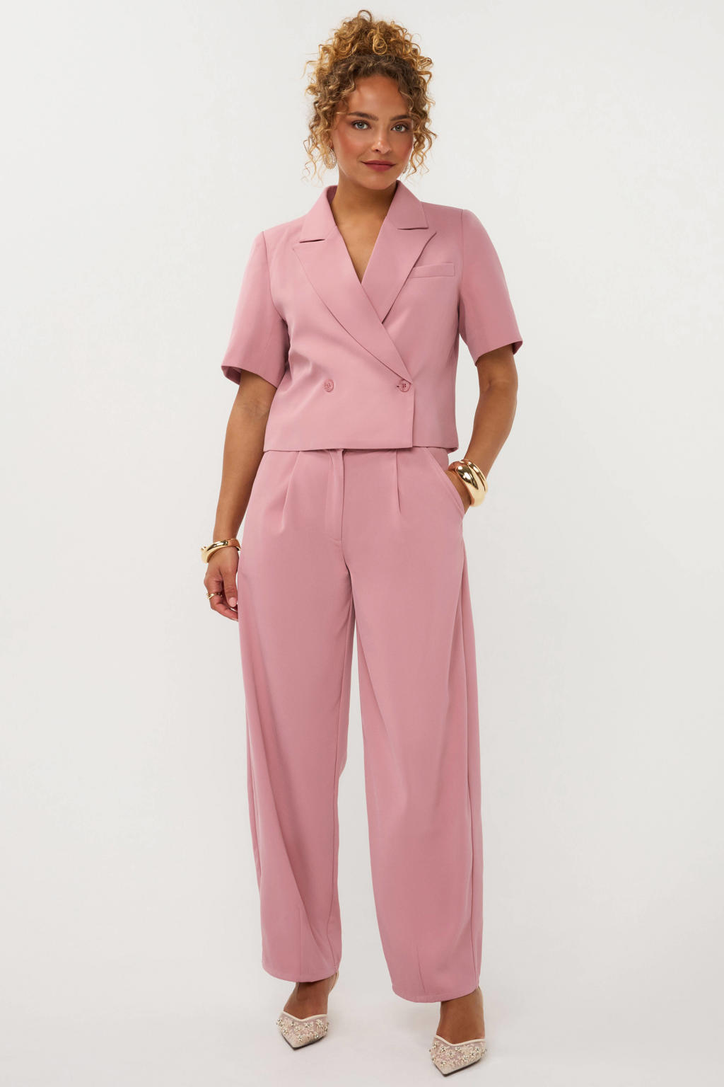 Roze dames Ydence high waist barrel broek van polyester met rits- en knoopsluiting en effen