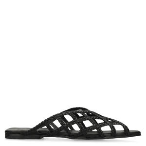 leren slippers met gevlochten zwart