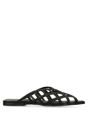 leren slippers met gevlochten zwart