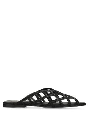 leren slippers met gevlochten zwart