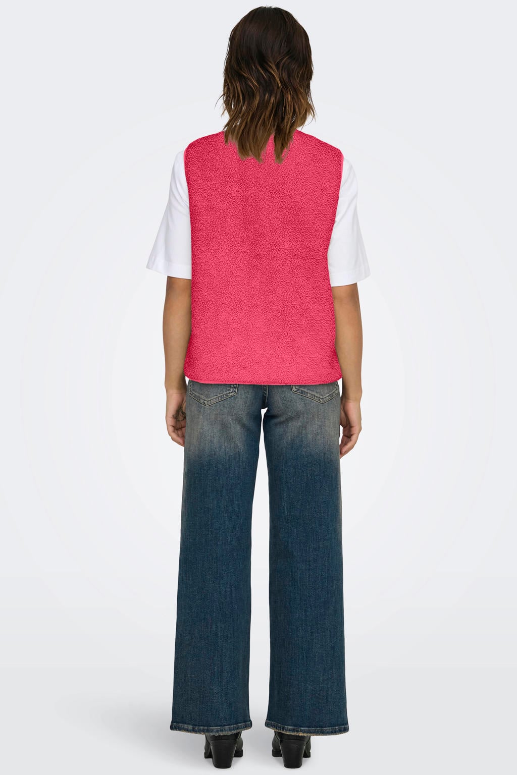 Roze dames ONLY teddy gilet met effen, ronde hals en knoopsluiting