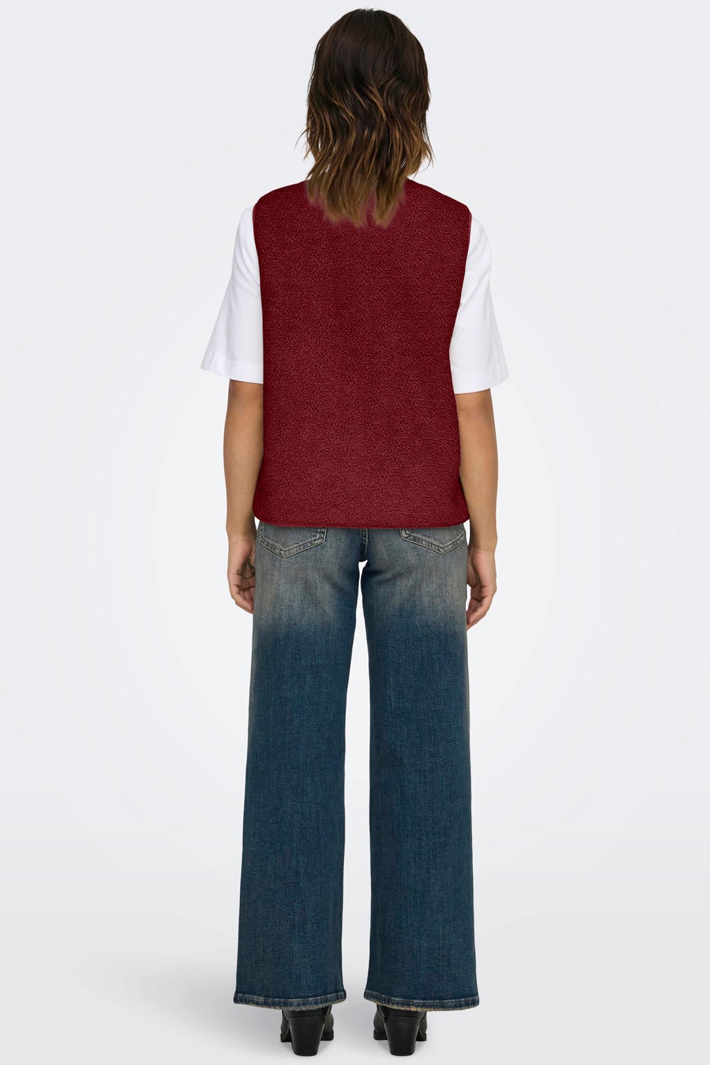 Donkerrode dames ONLY teddy gilet met effen, ronde hals en knoopsluiting