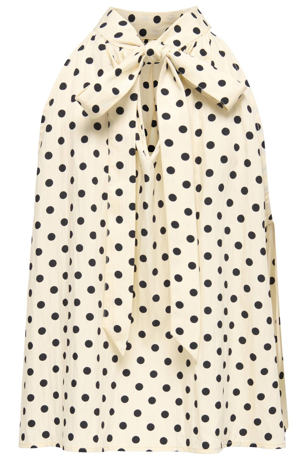 Zand en zwarte dames ONLY rechtvallende haltertop van viscose met stippenprint, sjaalkraag, striksluiting en geweven detail