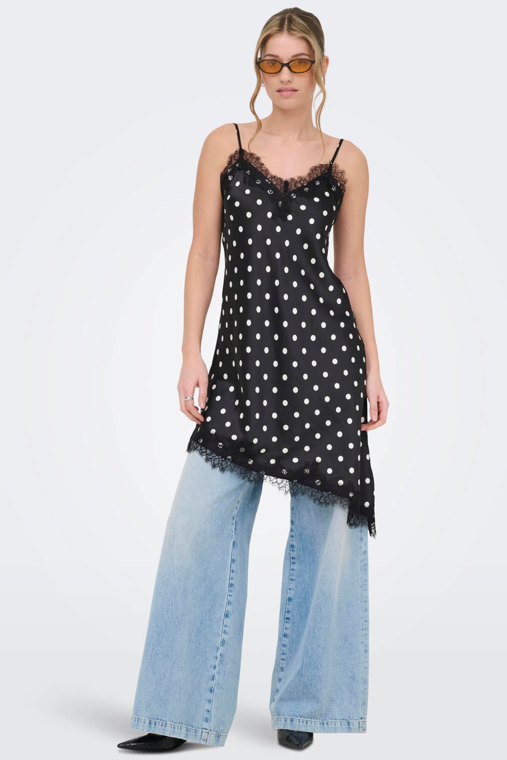 Zwart en witte dames ONLY midijurk van polyester met stippenprint, spaghettibandjes, V-hals en geweven detail
