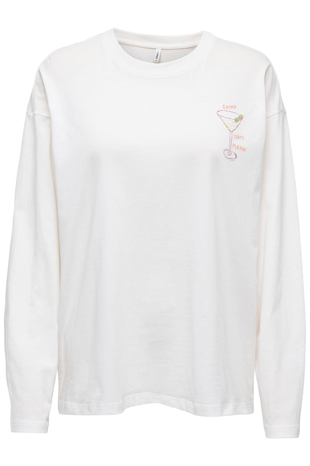 Wit en multikleurige dames ONLY top met backprint, lange mouwen en ronde hals