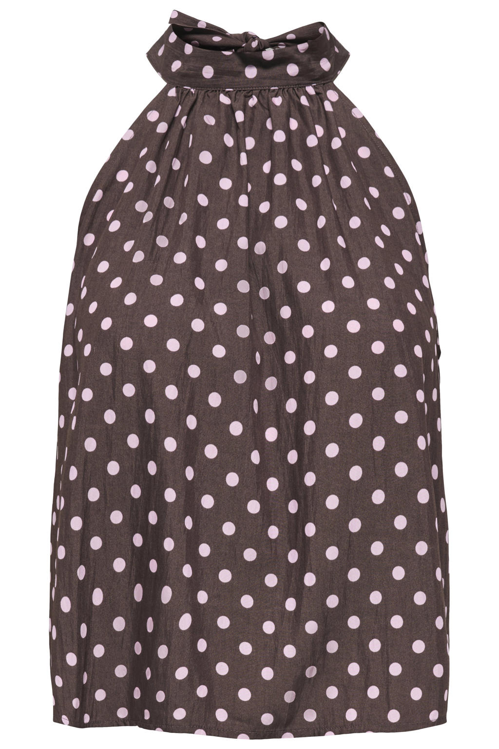 Donkerbruin en roze dames ONLY rechtvallend haltertop van viscose met stippenprint, sjaalkraag, striksluiting en geweven detail