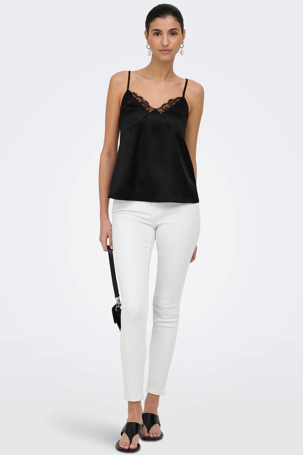 Zwarte dames ONLY top van polyester met effen, spaghettibandjes, V-hals en kant
