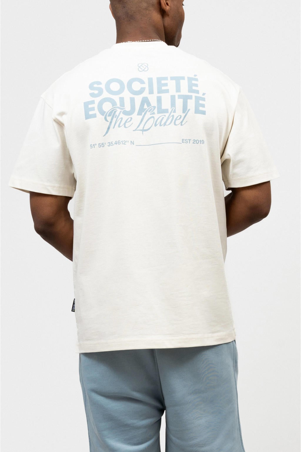 Ecru heren Equalité oversized T-shirt van katoen met backprint, korte mouwen en ronde hals
