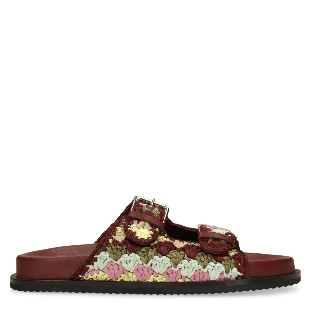 Donkerrode dames Sacha slippers meerkleurig van leer met textiel met gesp