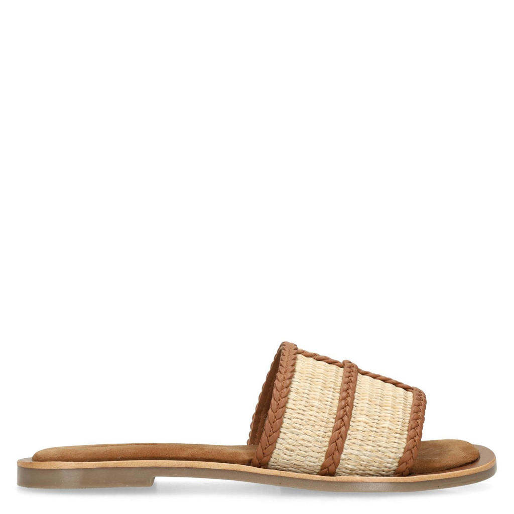 Cognac en beige dames Sacha rieten slippers van raffia en leer