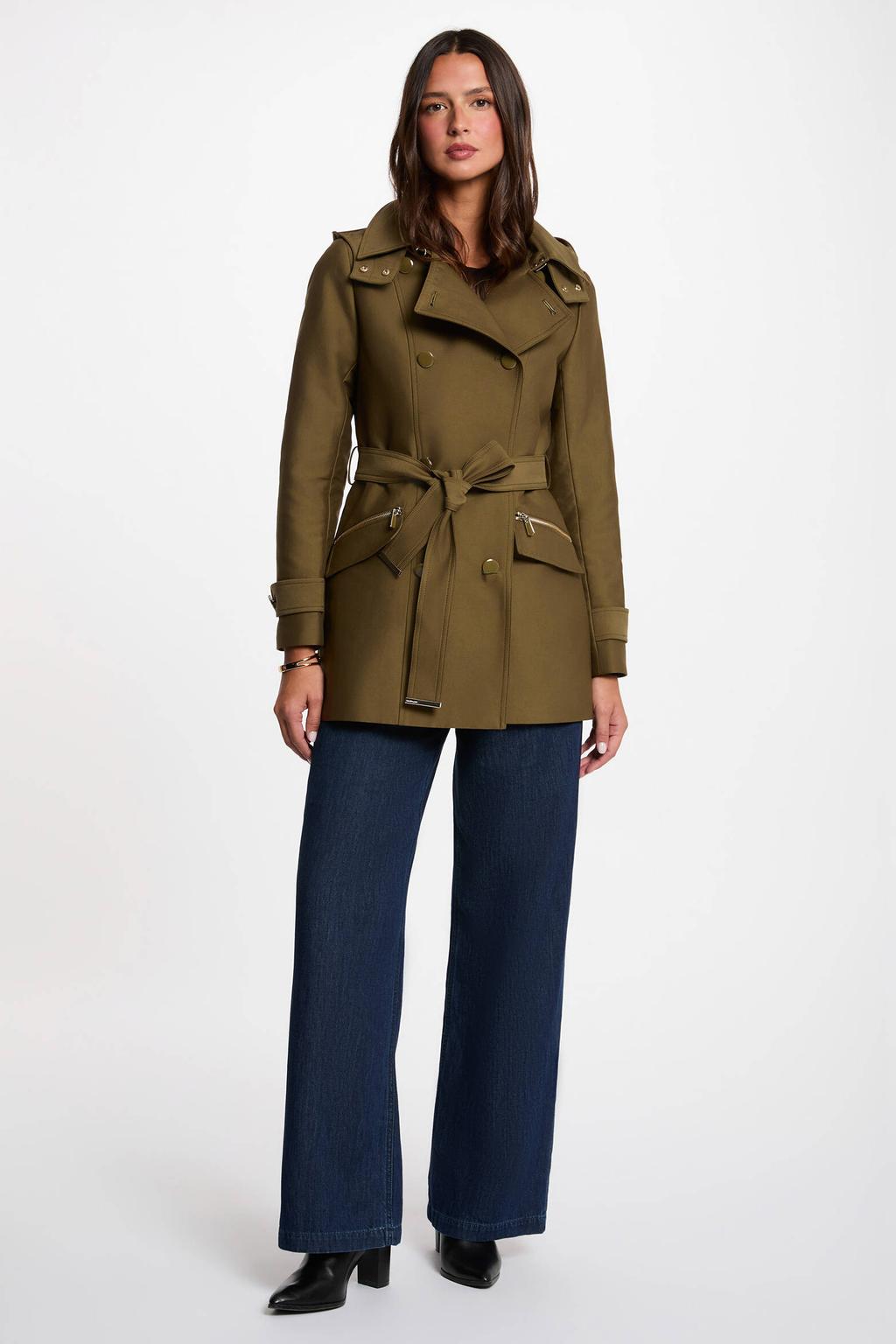Kakikleurige dames Morgan trenchcoat van polyester met effen, lange mouwen, reverskraag, double breasted sluiting en ceintuur