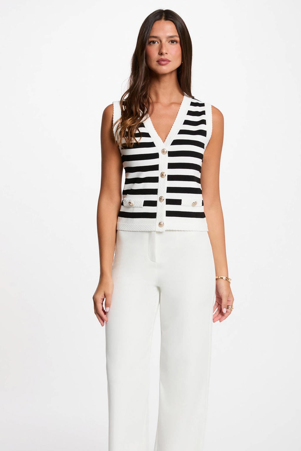 Wit en zwarte dames Morgan gestreept gilet van viscose met V-hals en knoopsluiting