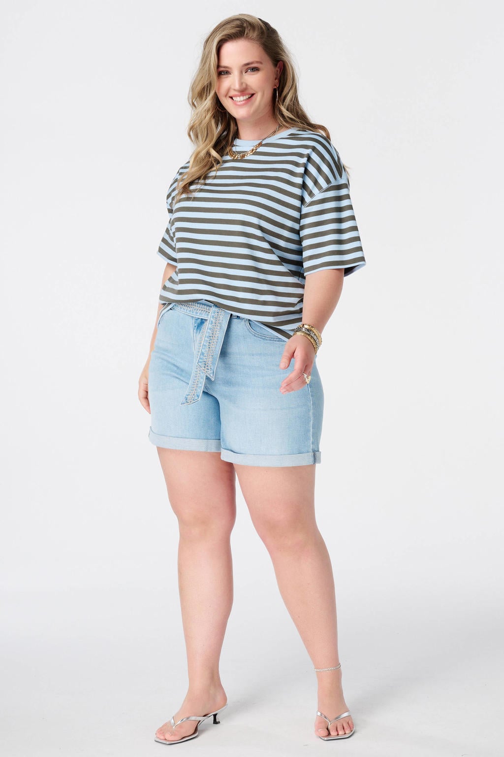 Lichtblauwe dames MS Mode gestreept T-shirt van katoen met korte mouwen