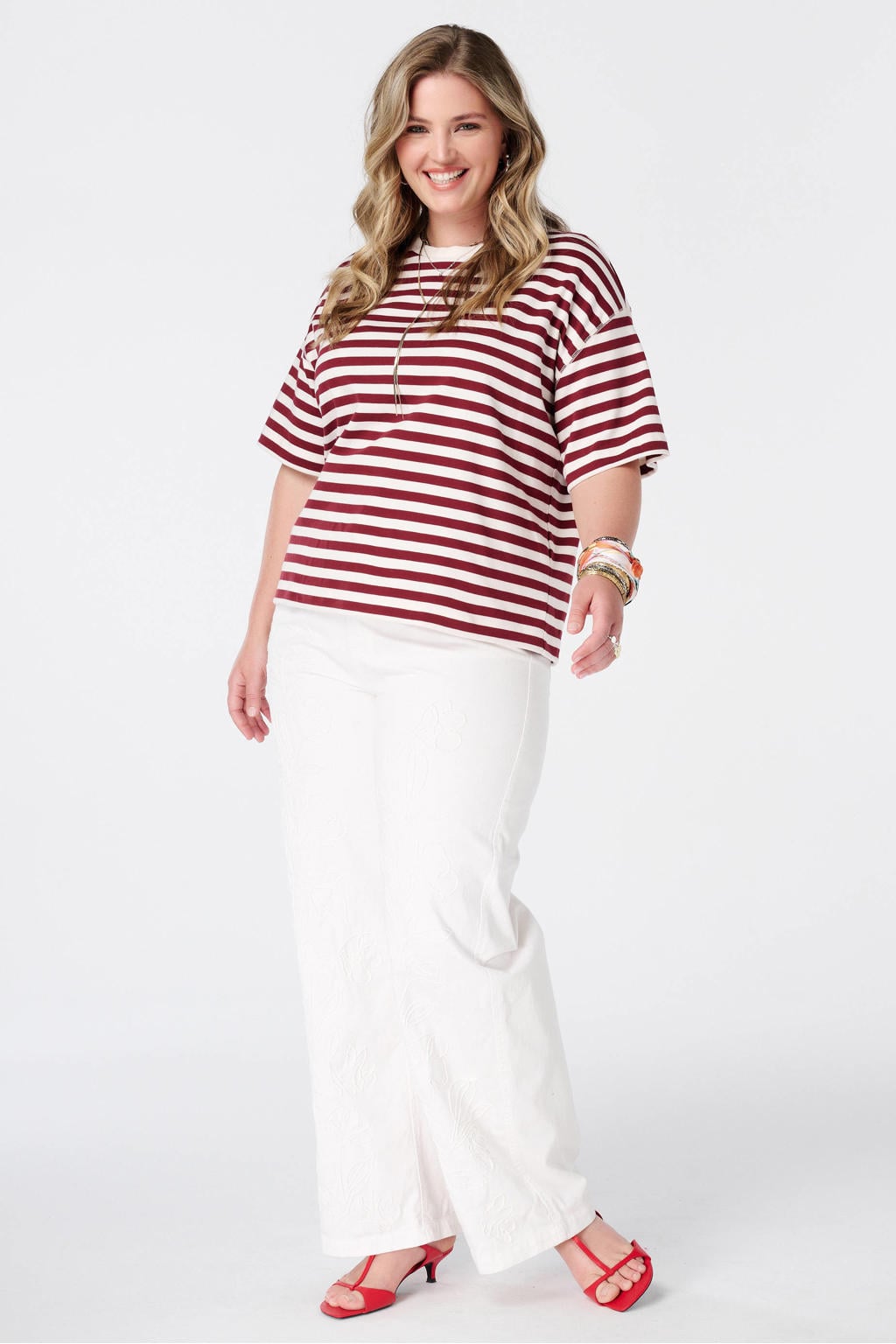 Rood en ecru dames MS Mode gestreept T-shirt van katoen met korte mouwen