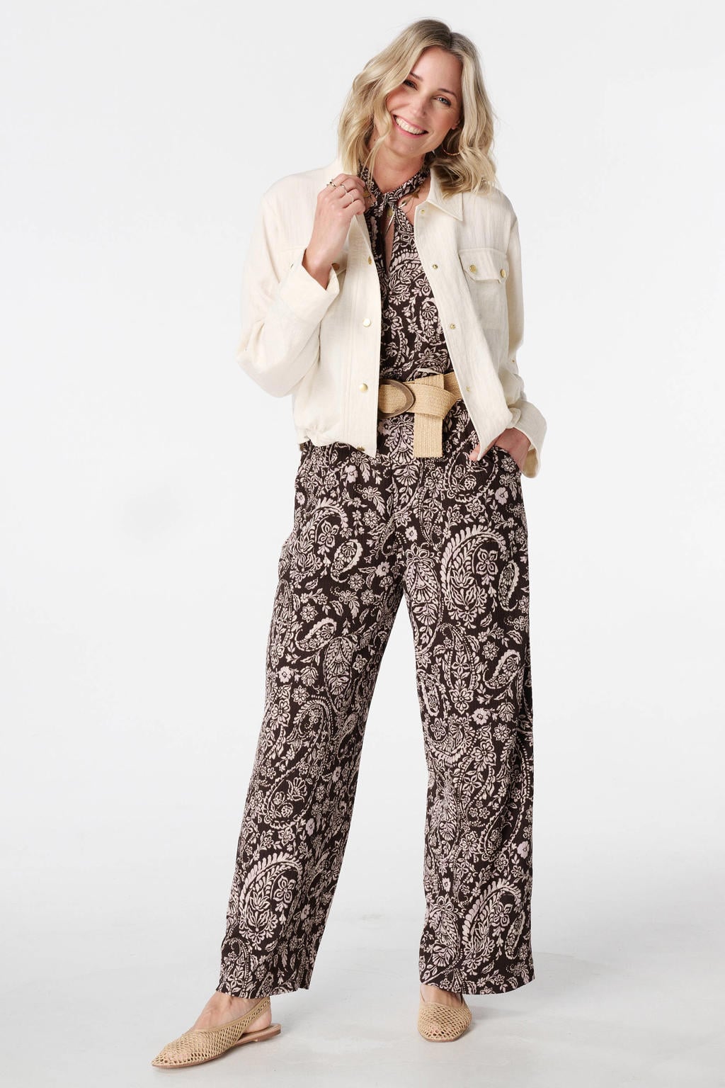 Beige dames MS Mode jasje van viscose met effen, driekwart mouwen, klassieke kraag, drukknoopsluiting en tunnelkoord