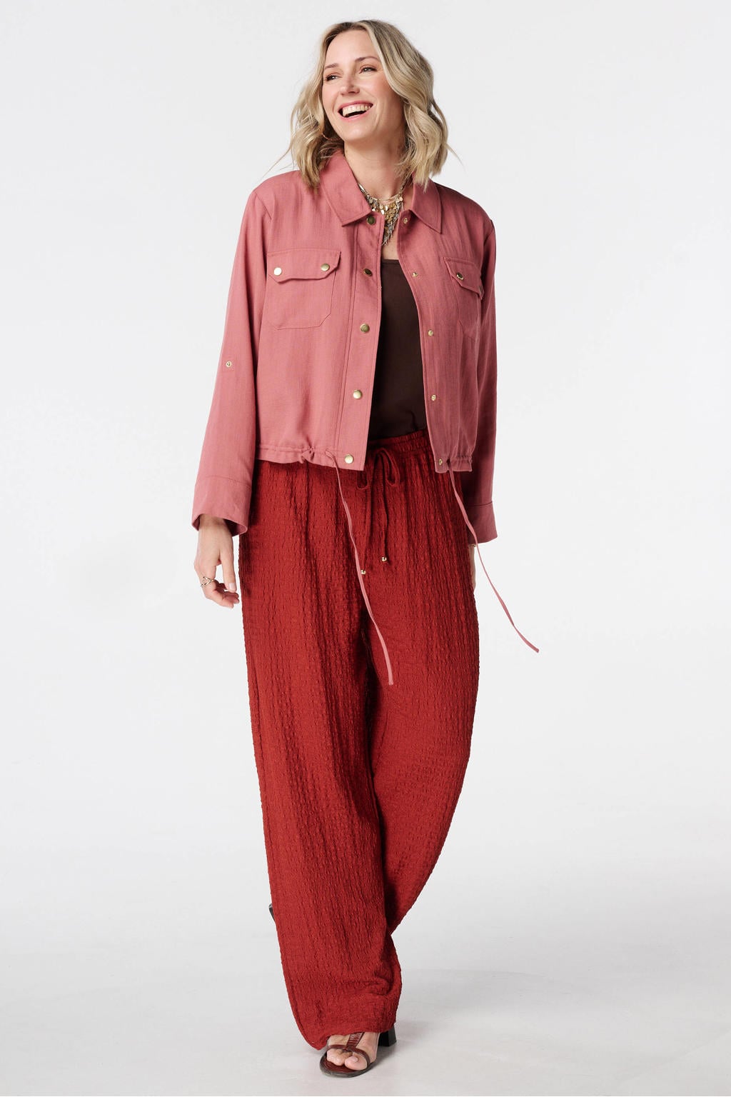 Oudroze dames MS Mode jasje van viscose met effen, driekwart mouwen, klassieke kraag, drukknoopsluiting en tunnelkoord