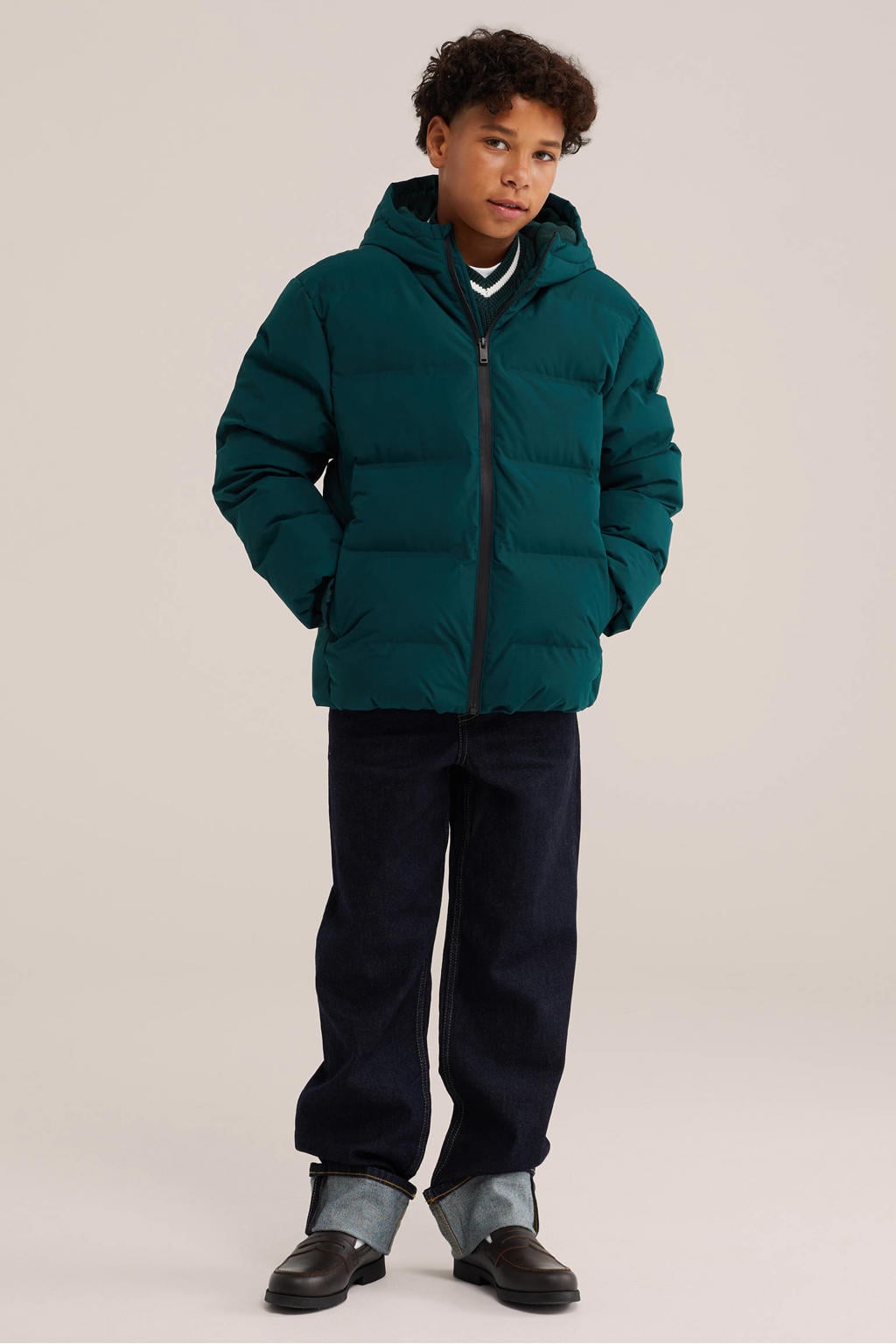 Petrolkleurige jongens WE Fashion gewatteerde winterjas van polyester met effen, lange mouwen, capuchon en ritssluiting