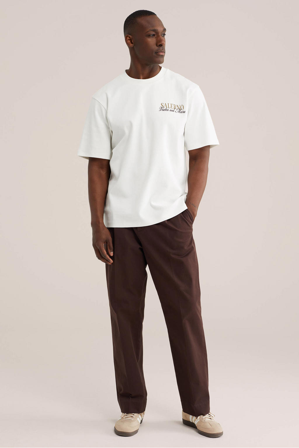 Ecru heren WE Fashion oversized T-shirt van katoen met backprint, korte mouwen en ronde hals